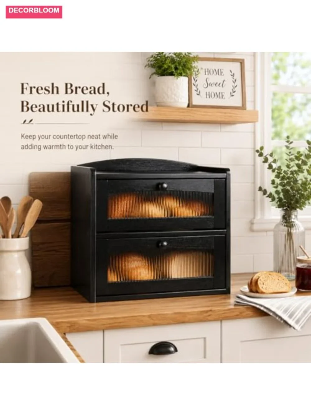 Large Wooden Bread Box, 2-Tier, Clear Acrylic Window, Magnetic Doors